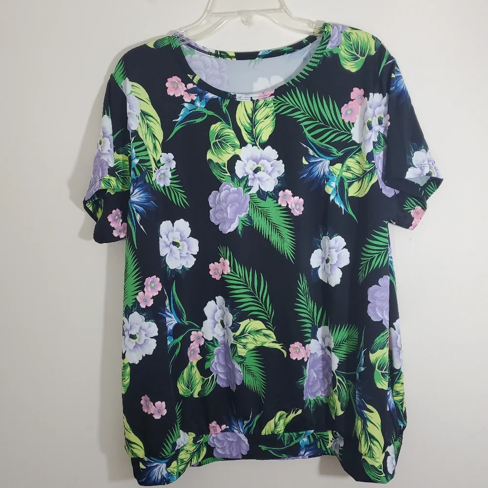 NWT Cacique Two Piece Swimsuit Blouson Tee Bikini Bottom Black Floral Size 18